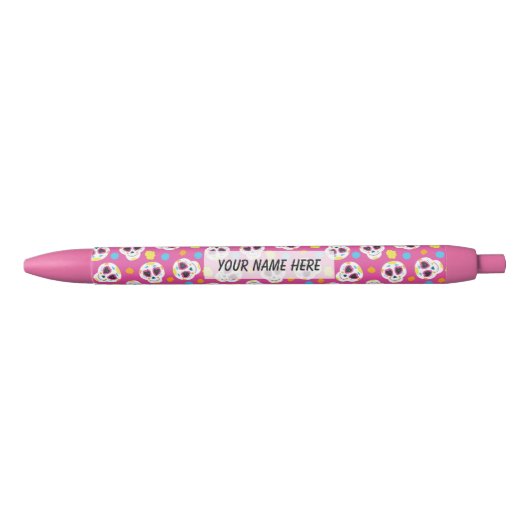  en Schattigee Sugar Skulls op roze gepersonalisee Zwarte Inkt Pen (Voorkant)