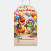 En uil, dinosaurus en uil gefeliciteerd cadeaulabel (Voorkant)