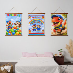 En wie avonturen van houten wandtapijten met boven hangend wandkleed