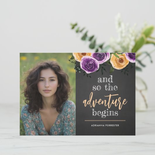En zo begint het avontuur Floral Afstuderen Photo Kaart (Staand voorkant)