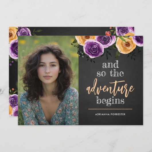 En zo begint het avontuur Floral Afstuderen Photo Kaart (Voorkant / Achterkant)