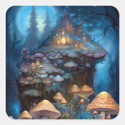 Enchanische paddenstoelen Castle Fantasy Art Vierkante Sticker (Voorkant)