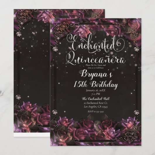 Enchanted Berry Rozen Dark Floral Quinceañera Kaart (Voorkant / Achterkant)