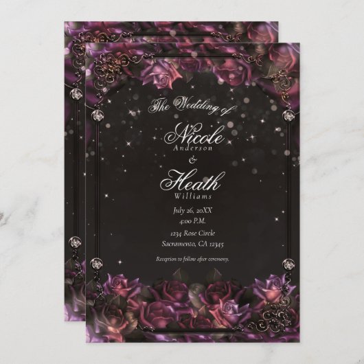 Enchanted Berry Rozen Dark Floral Wedding Kaart (Voorkant / Achterkant)