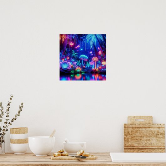 Enchanted Bioluminescent Tropical Neon Forest Poster (Keuken)