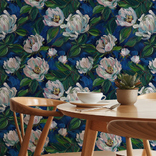 Enchanted Blooms: Witte Pioenen op Deep Blue Behang