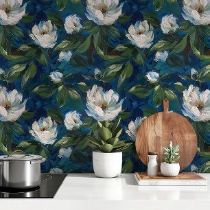 Enchanted Blooms: Witte Pioenen op Deep Blue Behang