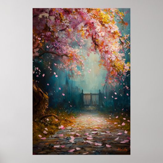 Enchanted Blossom Path - Mystiek Bloemenlandschap Poster (Voorkant)