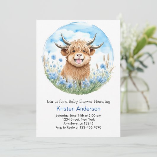 Enchanted Blue Highland Koe Boy Baby shower Kaart (Staand voorkant)