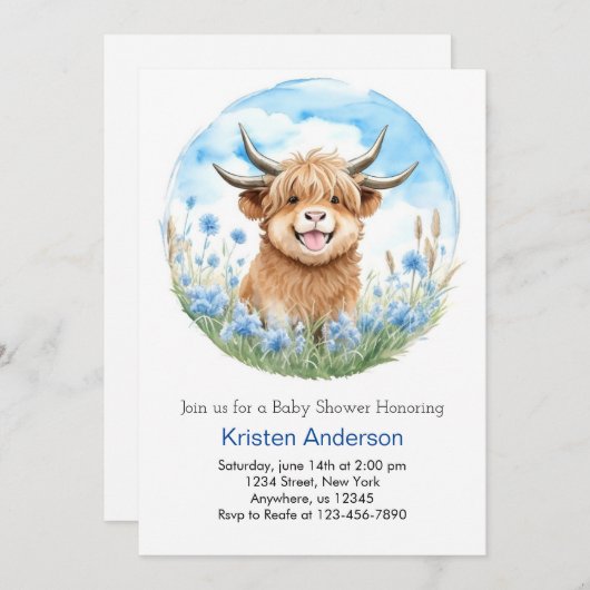 Enchanted Blue Highland Koe Boy Baby shower Kaart (Voorkant / Achterkant)