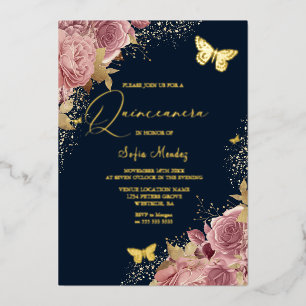 Enchanted Butterfly Quinceanera Party Navy Golden Folie Uitnodiging