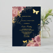 Enchanted Butterfly Quinceanera Party Navy Golden Folie Uitnodiging (Staand Voorkant)