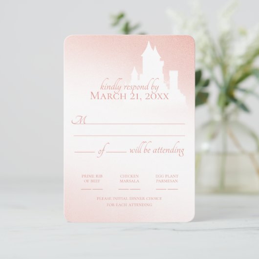 Enchanted Castle Blush Pink Fairy Tale Reactie RSVP Kaartje (Staand voorkant)