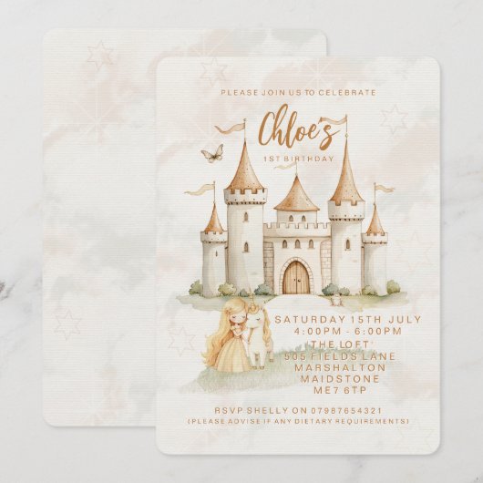 🏰✨ Enchanted Castle Princess 1st Birthday Invites Kaart (Voorkant / Achterkant)