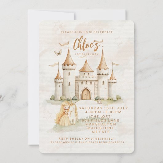 🏰✨ Enchanted Castle Princess 1st Birthday Invites Kaart (Voorkant)