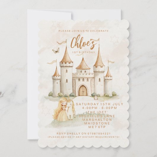 🏰✨ Enchanted Castle Princess 1st Birthday Invites Kaart (Voorkant)