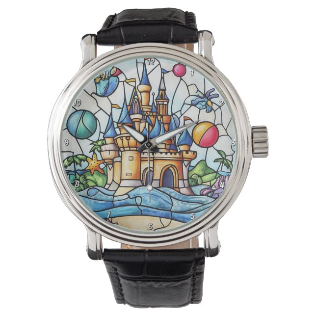Enchanted Castle Time Stained Glass Fairytale Wall Horloge (Voorkant)