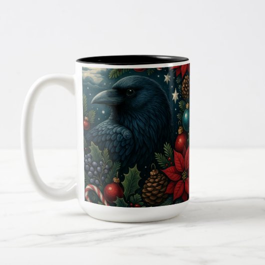 Enchanted Christmas Raven Mug – 15oz Winter Gothic Tweekleurige Koffiemok (Links)