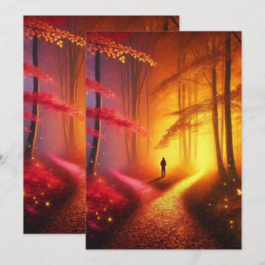 Enchanted Crossroads – Vibrant Autumn Forest Art P Feestdagenkaart (Voorkant / Achterkant)