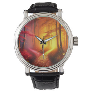 Enchanted Crossroads – Vibrant Autumn Forest Art P Horloge
