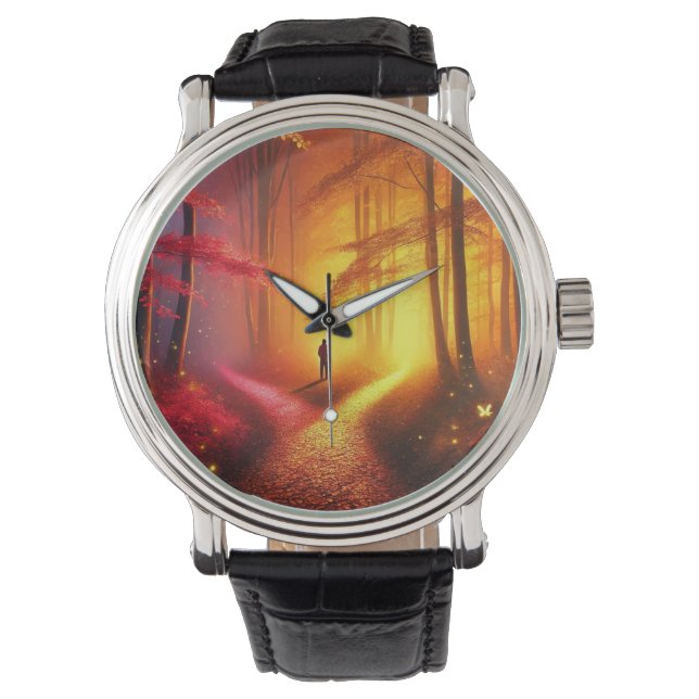 Enchanted Crossroads – Vibrant Autumn Forest Art P Horloge (Voorkant)