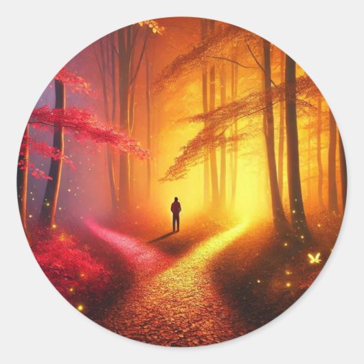 Enchanted Crossroads – Vibrant Autumn Forest Art P Ronde Sticker (Voorkant)