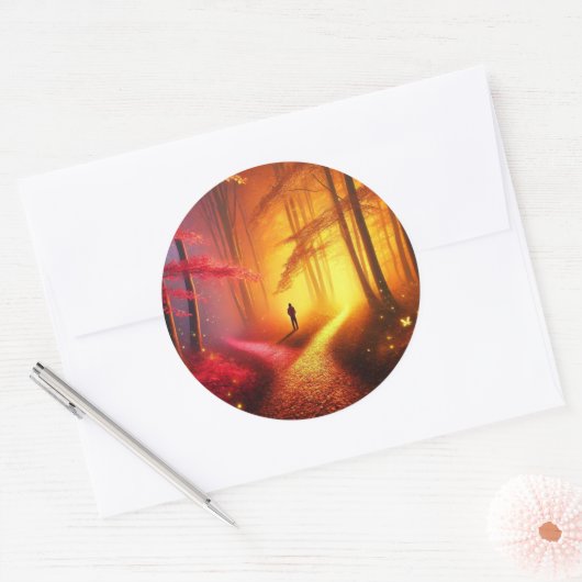 Enchanted Crossroads – Vibrant Autumn Forest Art P Ronde Sticker (Envelop)