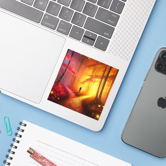 Enchanted Crossroads – Vibrant Autumn Forest Art P Sticker (Laptop met iPhone)