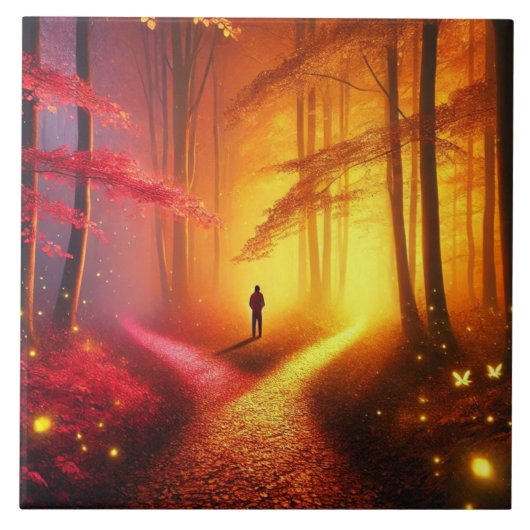 Enchanted Crossroads – Vibrant Autumn Forest Art P Tegeltje (Voorkant)