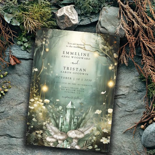 Enchanted Crystal Forest Green Wedding Kaart