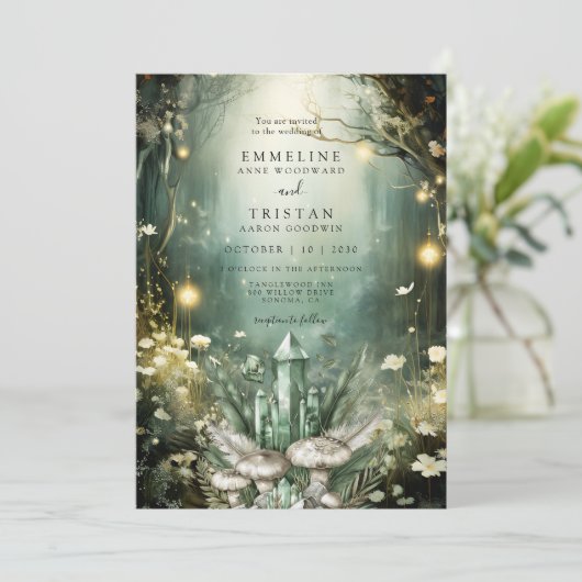 Enchanted Crystal Forest Green Wedding Kaart (Staand voorkant)
