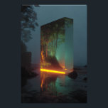 Enchanted Crystal Monolith Forest Glow Foto Afdruk<br><div class="desc">A towering rectangular crystal monolith stands on a misty rocky shoreline at twilight. Inside its translucent depths, a vibrant lush forest with dense green trees glows with warm golden-orange light that spills out as a radiant horizontal band, perfectly reflected on the wet rocks and shallow water below. The dark exterior...</div>