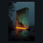 Enchanted Crystal Monolith Forest Glow Perfect Poster<br><div class="desc">A towering rectangular crystal monolith stands on a misty rocky shoreline at twilight. Inside its translucent depths, a vibrant lush forest with dense green trees glows with warm golden-orange light that spills out as a radiant horizontal band, perfectly reflected on the wet rocks and shallow water below. The dark exterior...</div>