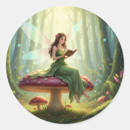 Enchanted Day Fairy Reading a Book Ronde Sticker (Voorkant)