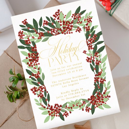 Enchanted Elegance Botanische Kerstfeest Folie Uitnodiging
