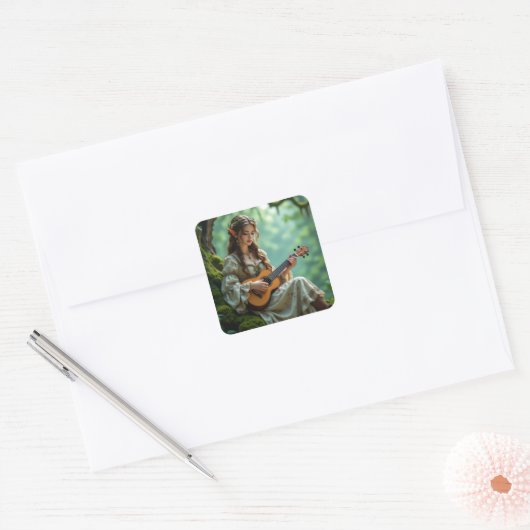 Enchanted Elven Fairy Playing Ukulele Vierkante Sticker (Envelop)