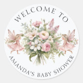 Enchanted Fairy Floral Welkom Baby Meisje Douche Ronde Sticker (Voorkant)