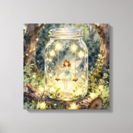 Enchanted Fairy in a Jar in a Magical Forest Canvas Afdruk