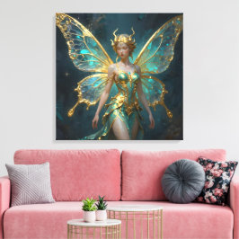 Enchanted Fairy in Gold and Turquoise  Canvas Afdruk