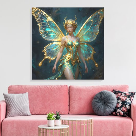 Enchanted Fairy in Gold and Turquoise  Canvas Afdruk (Insitu (Woonkamer))