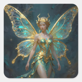 Enchanted Fairy in Gold and Turquoise  Vierkante Sticker