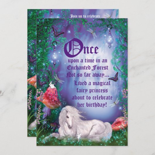 Enchanted Fairy Unicorn Forest Party Invitation Kaart (Voorkant / Achterkant)