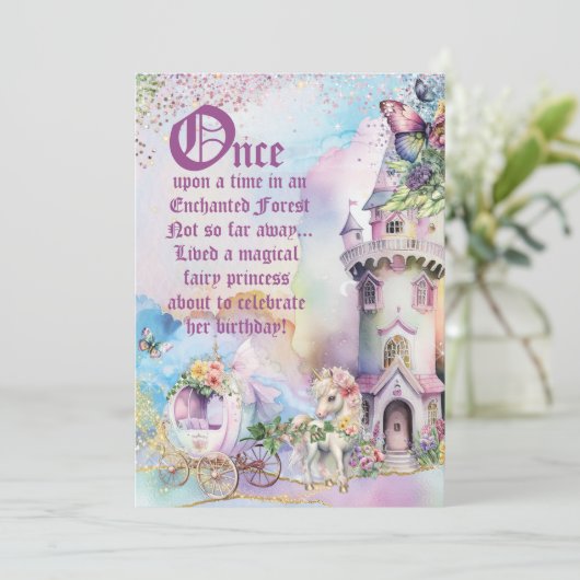 Enchanted Fairy Unicorn Forest Party Invitation Kaart (Staand voorkant)