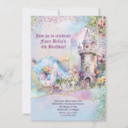 Enchanted Fairy Unicorn Forest Party Invitation Kaart (Achterkant)