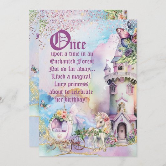 Enchanted Fairy Unicorn Forest Party Invitation Kaart (Voorkant / Achterkant)