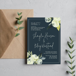 Enchanted Floral Midnight Blue Flowers Wedding Kaart