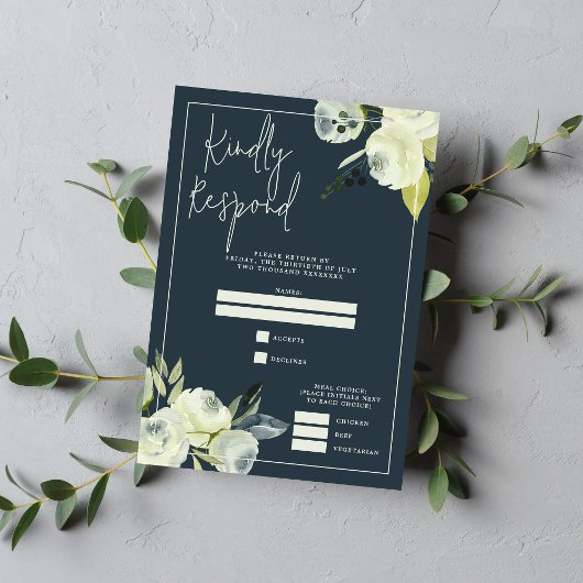 Enchanted Floral Midnight Blue Wedding RSVP Kaartje