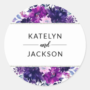 Enchanted Floral Violet Silver Wedding Monogram Ronde Sticker