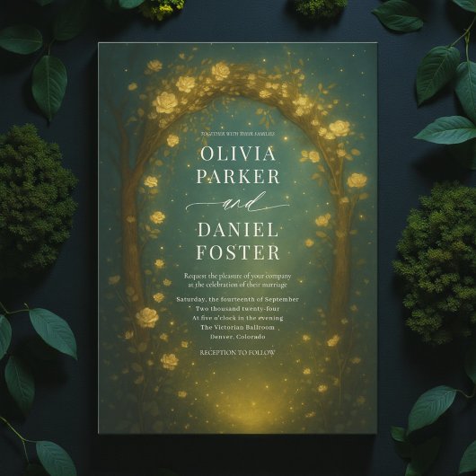 Enchanted Forest Arch Gold Emerald Green Wedding Kaart