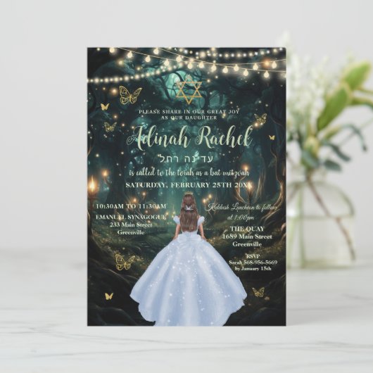 Enchanted Forest Baby Blauwe Jurk Bat Mitzvah Kaart (Staand voorkant)
